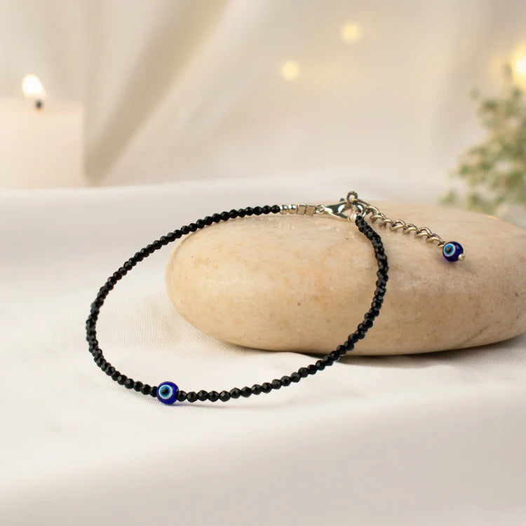 Black Tourmaline Anklet with Evil Eye